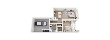 A top-down view of a modern apartment with a kitchen, living room, and a car parked in the garage.