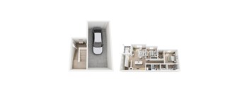A top down view of a car and a floor plan of a house.