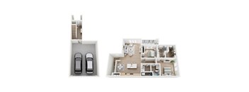A floor plan of a house with two cars parked in the garage.
