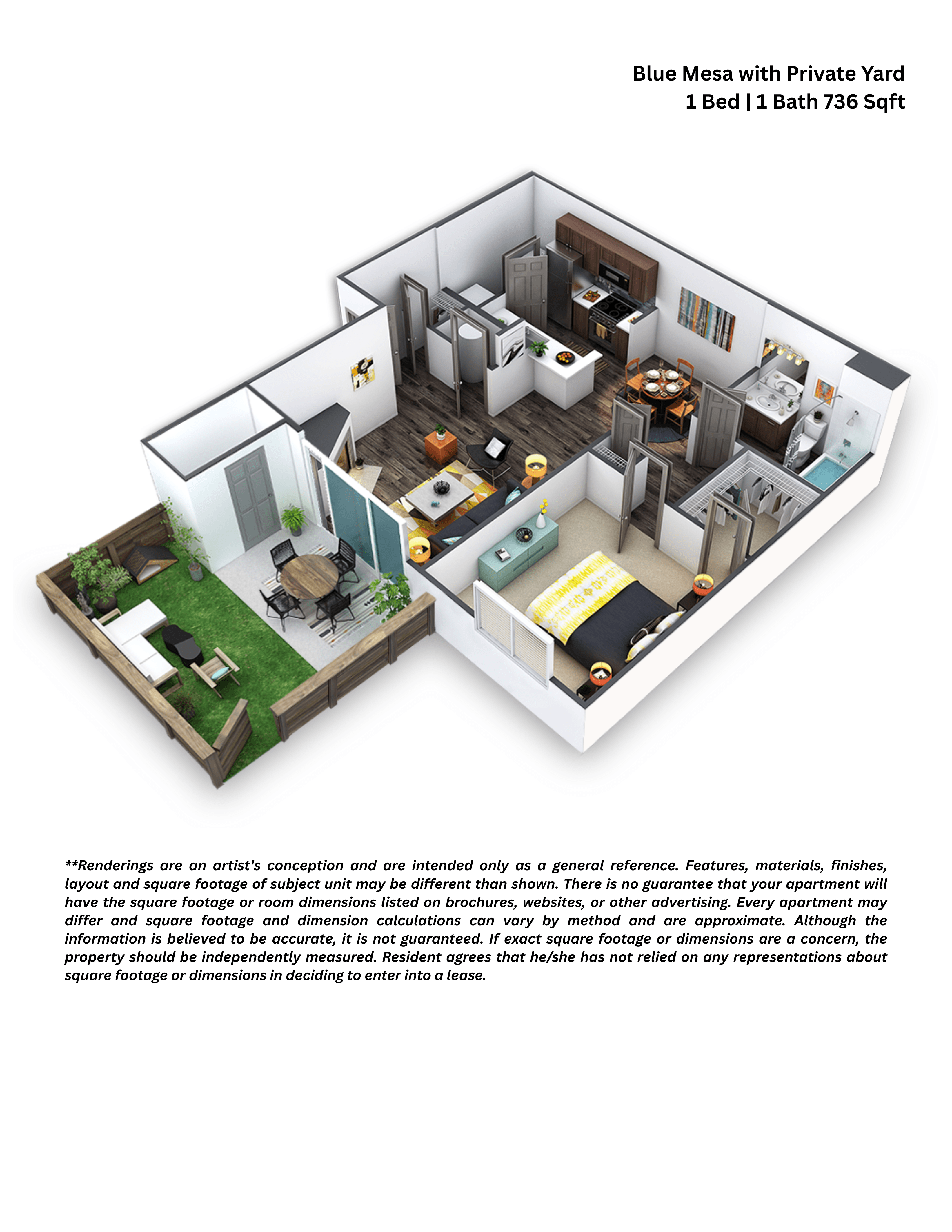 A 3D floor plan of a Blue Mesa with Private Yard apartment.