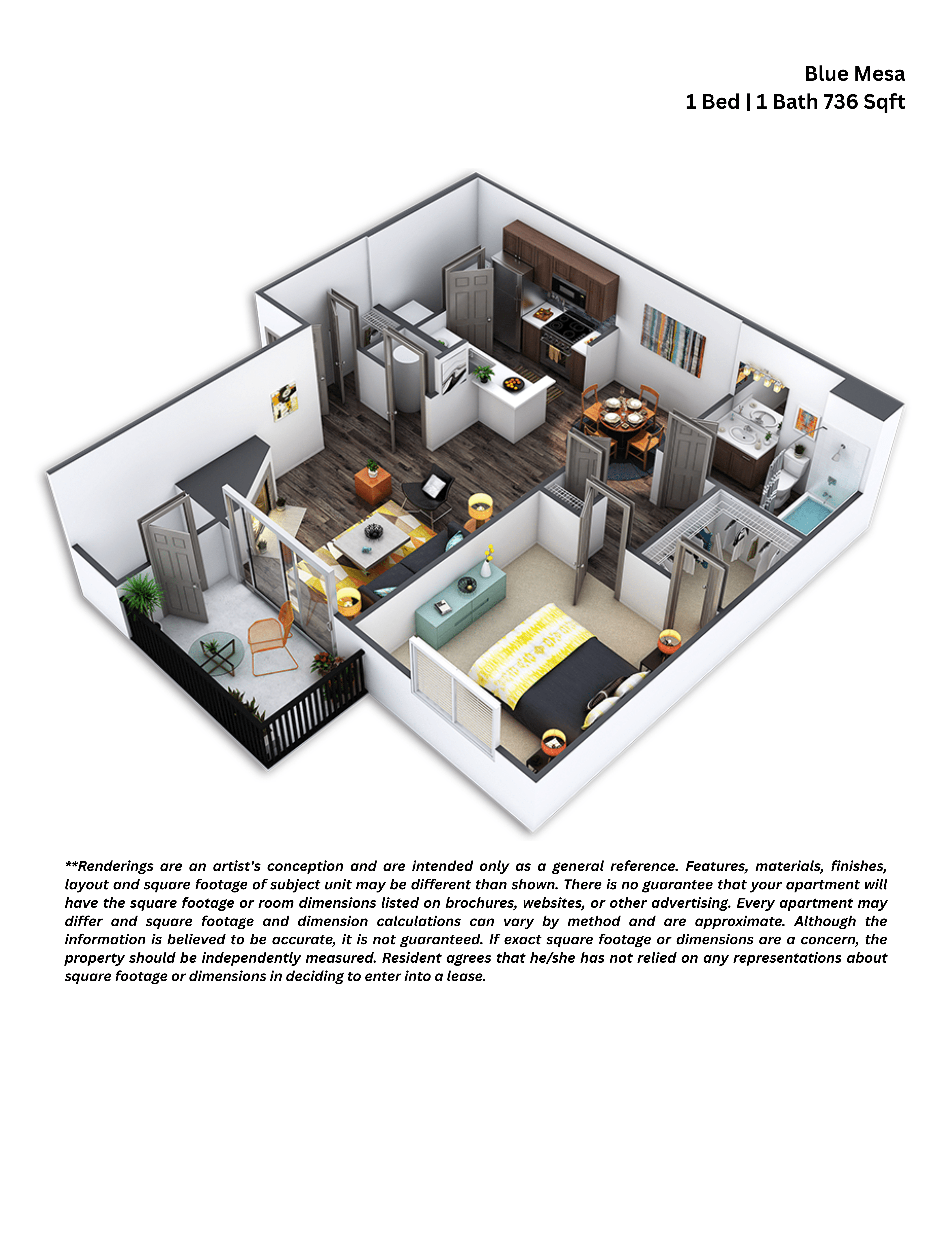 A 3D floor plan of a one bedroom apartment with a detailed layout.