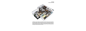 A 3D floor plan of a one bedroom apartment with a detailed layout.