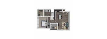 A floor plan of a small apartment with a kitchen, living room, and bathroom.