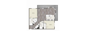 A floor plan of a house with two bedrooms, a living area, a kitchen, a bathroom, a closet, and a patio.