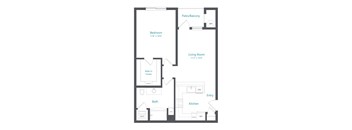 A floor plan of a small apartment with a bedroom, living room, kitchen, bathroom, and entry.