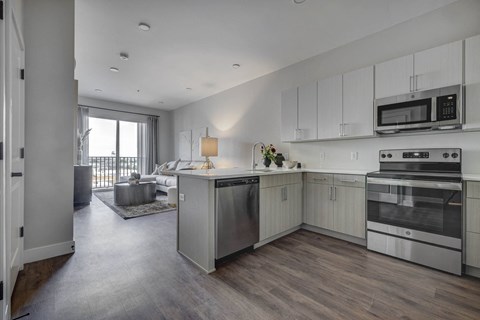 a kitchen and living room in a 555 waverly unit