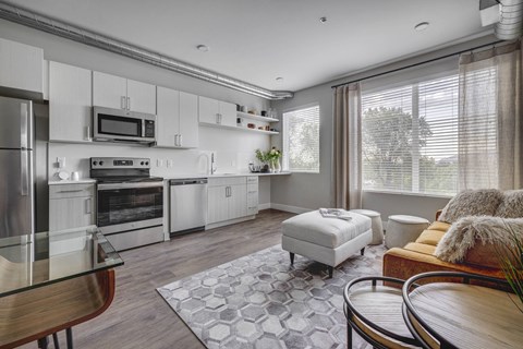 a kitchen and living area in a 555 waverly unit