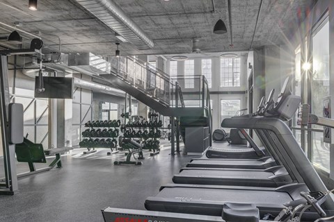 a gym with treadmills and weights