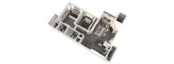 A 3D floor plan of a house showing the layout of the rooms.