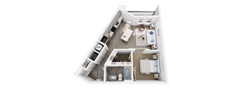 A top down view of a small apartment with a kitchen, living room, and bathroom.