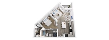 A top down view of a small apartment with a kitchen, living room, and bathroom.