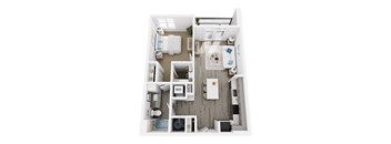 A top down view of a small apartment with a kitchen, living room, and bathroom.