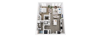 A top-down view of a small apartment with a kitchen, living room, and bathroom.