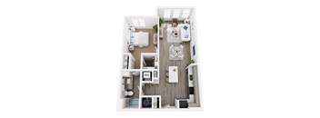 A top-down view of a small apartment with a bedroom, living room, and kitchen.