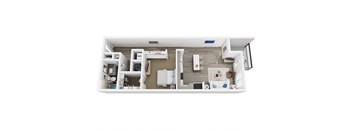 A top-down view of a small, neatly organized apartment.