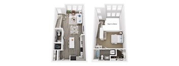 A top down view of a small apartment with a kitchen, living room, and bathroom.