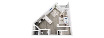 A top-down view of a small, neatly organized apartment with a kitchen, living room, and bathroom.