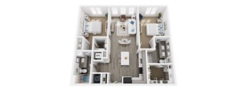 A top-down view of a well-organized apartment with a kitchen, living room, and bedrooms.