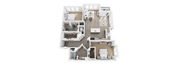 A top-down view of a house layout with a kitchen, living room, and bedrooms.