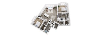 A top-down view of a house layout with a kitchen, living room, dining area, and bedrooms.