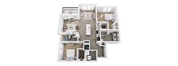 A top down view of a small apartment with a kitchen, living room, and bedroom.