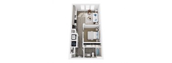 A top down view of a small apartment with a bedroom, bathroom and kitchen.
