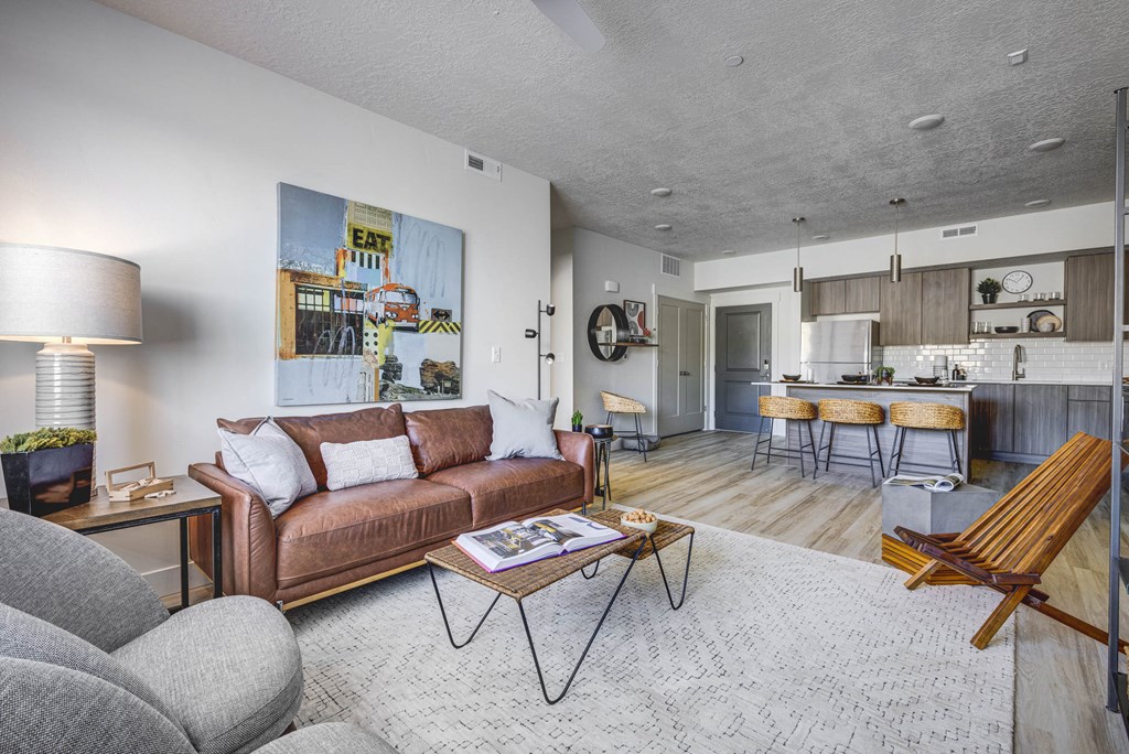 Shot of living room looking into kitchen with rug, and designed furnishings