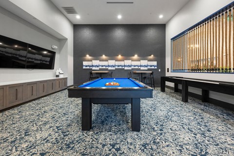 a game room with a pool table and a television