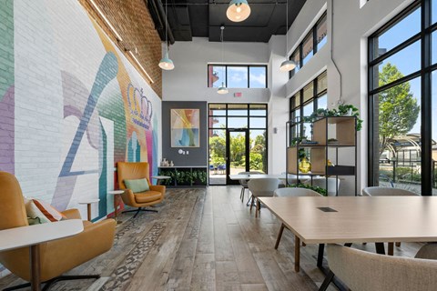 a view of the inside of a building with a large window