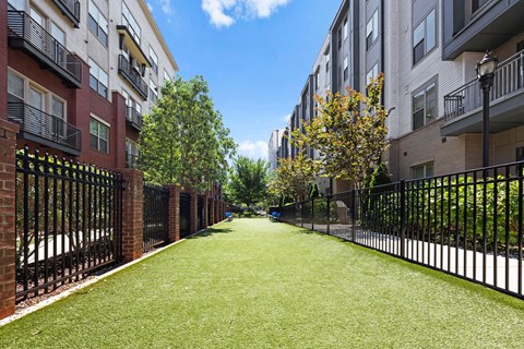 the yard is fenced off with a green lawn in front of some apartments