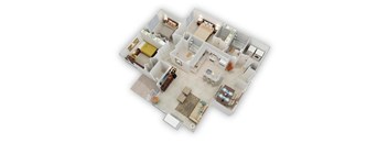 A 3D floor plan of a house with a living room, kitchen, dining room, and two bedrooms.