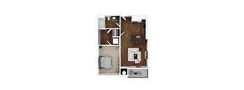 A top-down view of a room with a bed, a couch, a desk, and a kitchenette