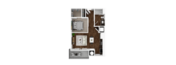 A top-down view of a room with a bed, a couch, a table, and a TV