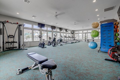 A gym with a variety of equipment including a bench press, a leg press, and a rowing machine.