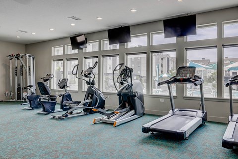 A gym with treadmills, elliptical machines, and other cardio equipment.