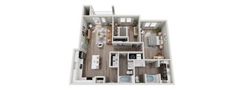 a 3d floor plan of a bedroom with a bathroom and a living room