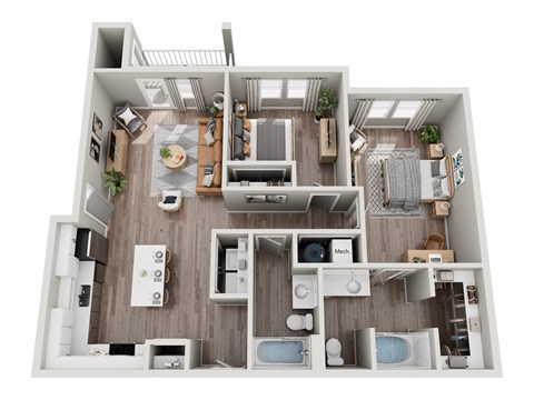 a 3d floor plan of a bedroom with a bathroom and a living room