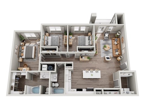 a 3d rendering of a floor plan with a bedroom and a living room
