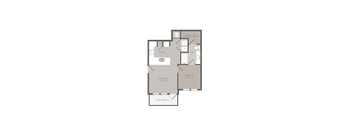 A floor plan of an apartment with a living room, kitchen, bedroom, and bathroom.