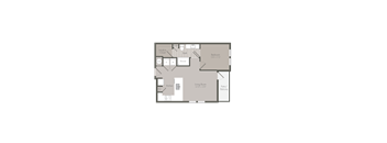 A floor plan of a house with a bedroom, living room, kitchen, and bathroom.