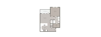 A floor plan of a house with a living room, kitchen, bathroom, and bedrooms.