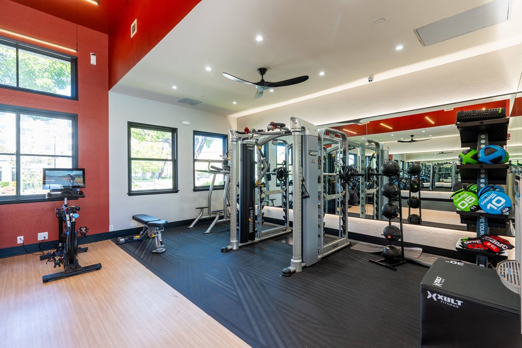 a gym with weights and cardio machines and a ceiling fan