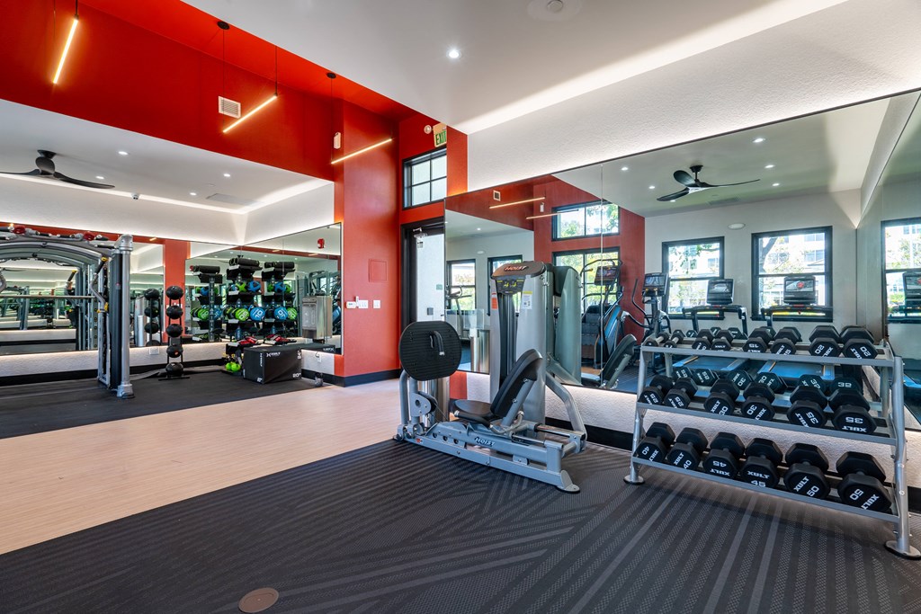 a gym with weights and cardio equipment in a building