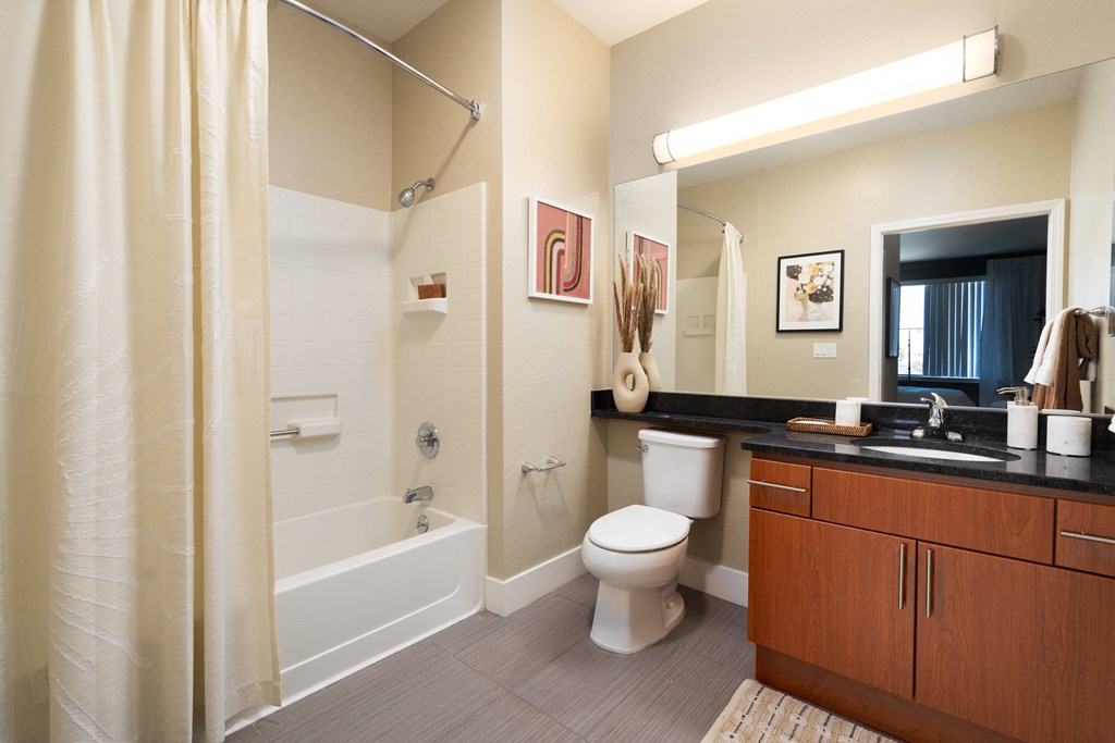 a bathroom with a shower toilet and sink and a mirror