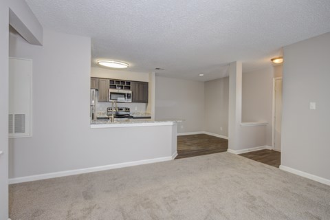A spacious living room with a kitchen in the background.