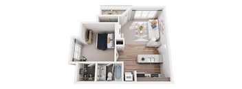 A top down view of a small apartment with a living room, kitchen, and bathroom.