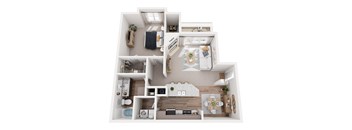 A top-down view of a small apartment with a kitchen, living room, and bedroom.