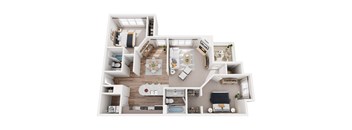 A white 3D floor plan of a house with various rooms and furniture.