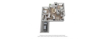 a stylized floor plan with a car in the garage