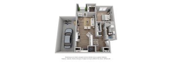 a stylized floor plan with a car and a bedroom